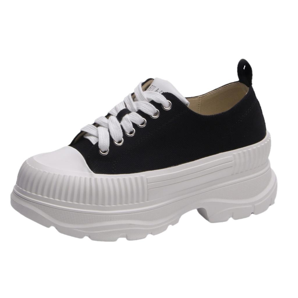 platform-soled muffin shoes women's small height increase versatile casual sports shoes women's school style French canvas lace-up women's shoes