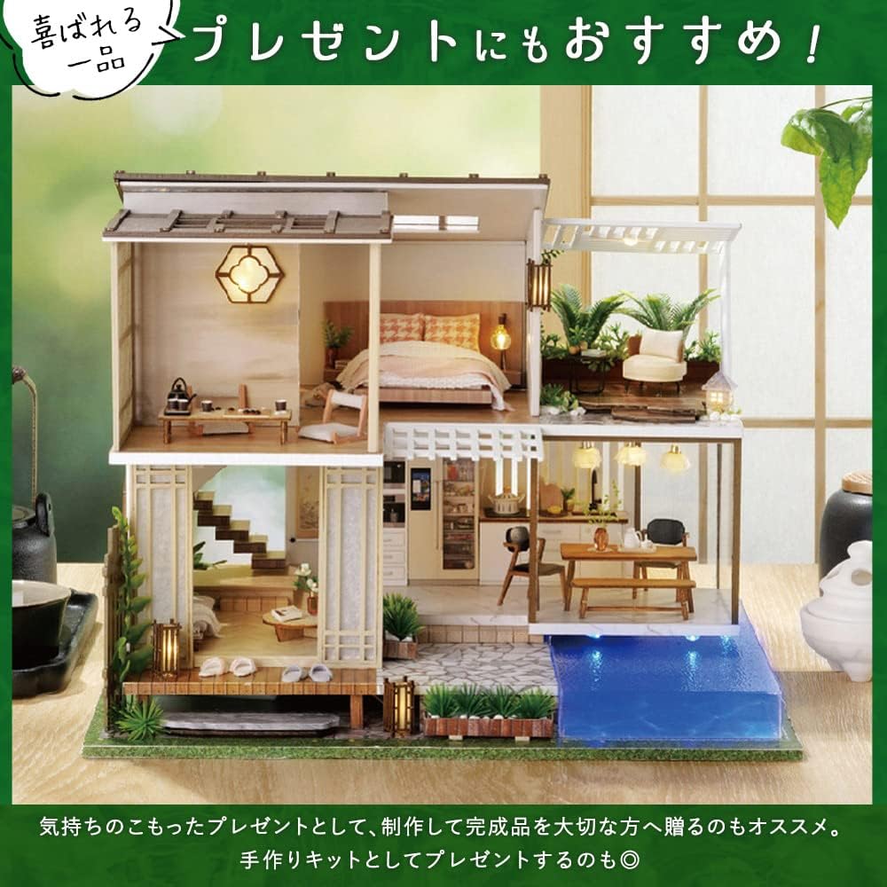 Moin Moin Miniature Dollhouse Kit Two-Story Elegant Modern Design with LED Light Acrylic Case and Music Box