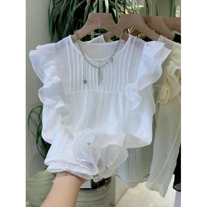 Witte Blouses voor Dames Blusas Mujer De Moda Mouwloos O-hals Losse Shirts Ruches Losse Vintage Zomerblouse Tops Vrouwelijk
