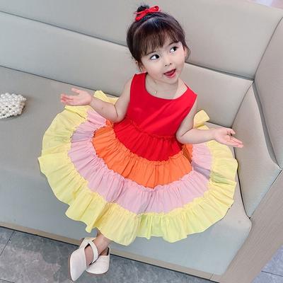 Girls' Round-collar Rainbow Gradually Changing Color Vest Dress Temperament Ruffled Princess Skirt In Summer