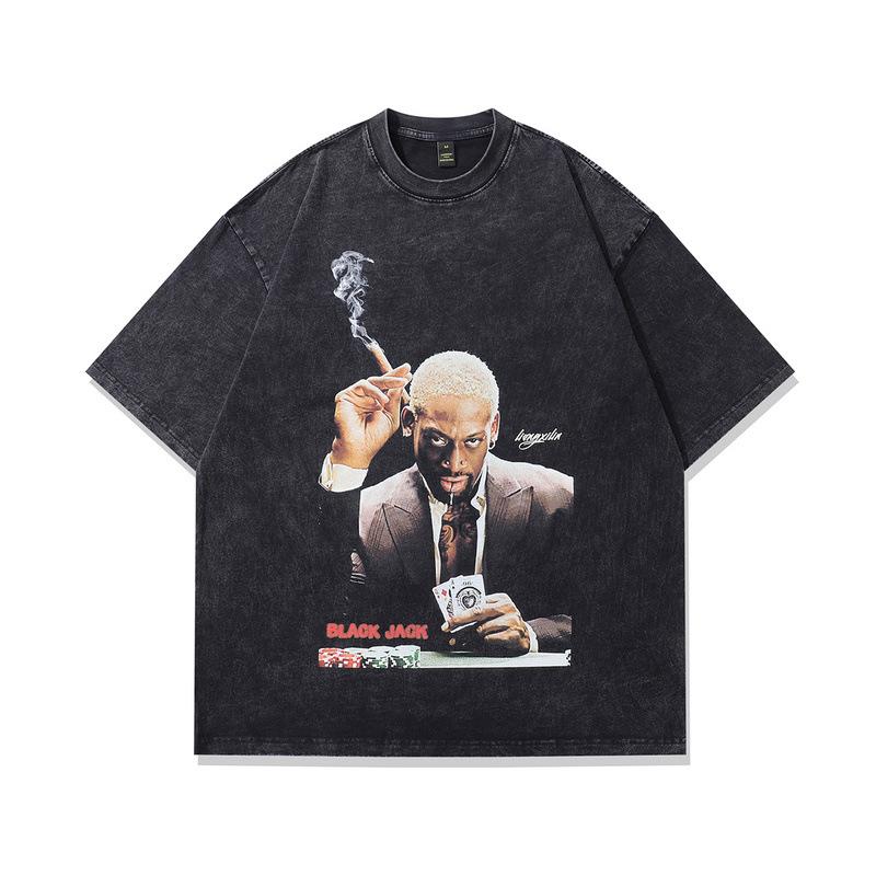 Men'S Clothing American High Street Trendy Brand Vintage T-Shirt Retro Portrait Printing Washed Loose Cotton Short-Sleeved T-Shirt Men