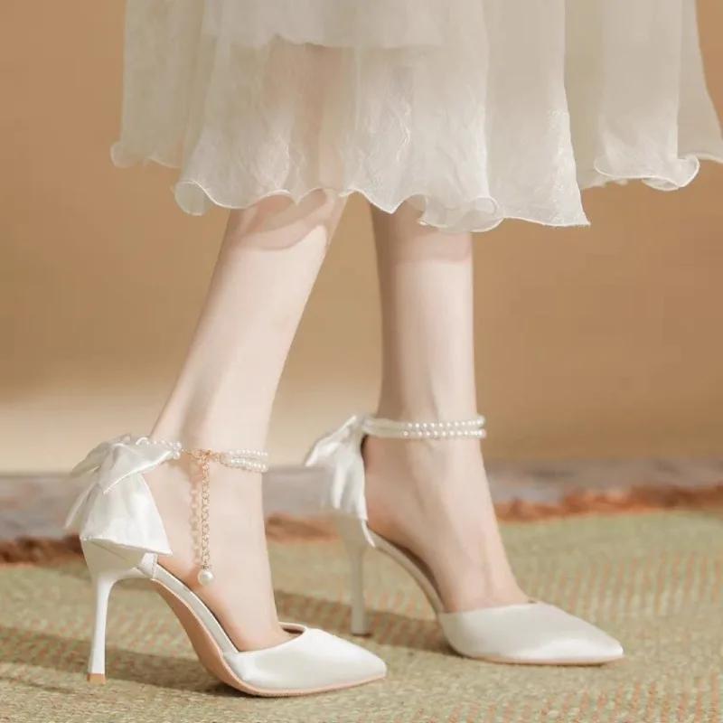 Fashion New Women Thin Heel Hollow Sandals Woman Pearl Butterfly Pointed Toe High Heels Pumps Womens Drees Shoes Wedding Shoes