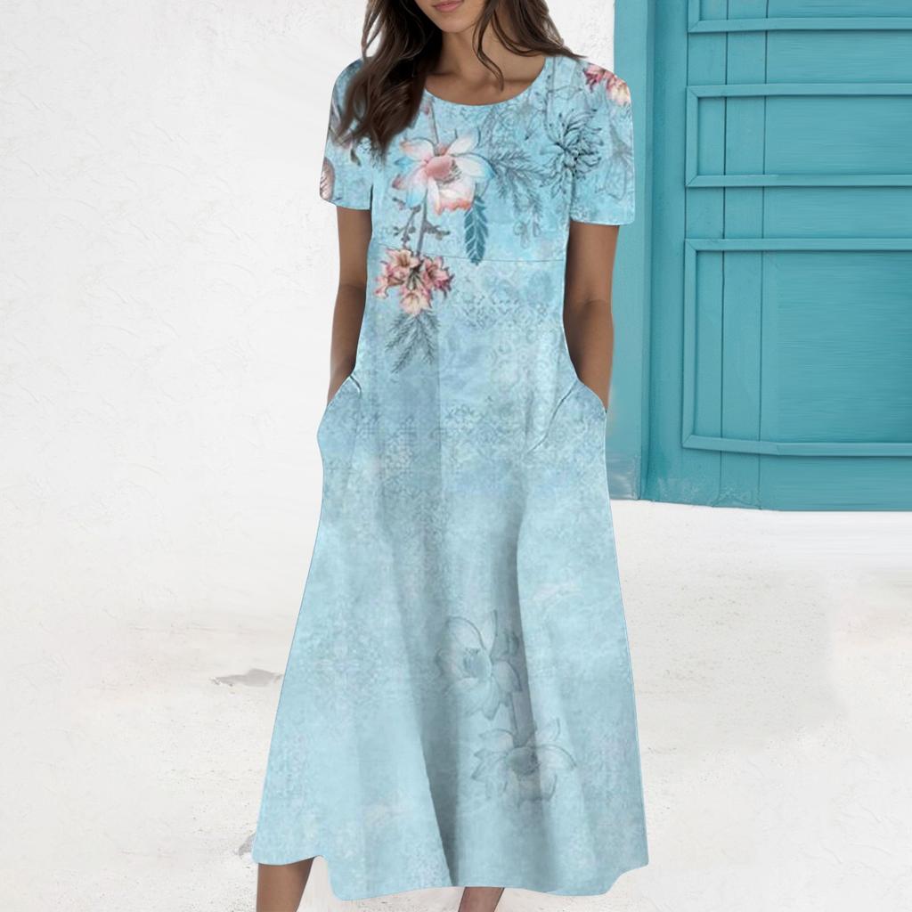Women's Summer Casual Fashion Printed Short Sleeve Round Neck Pocket Dress