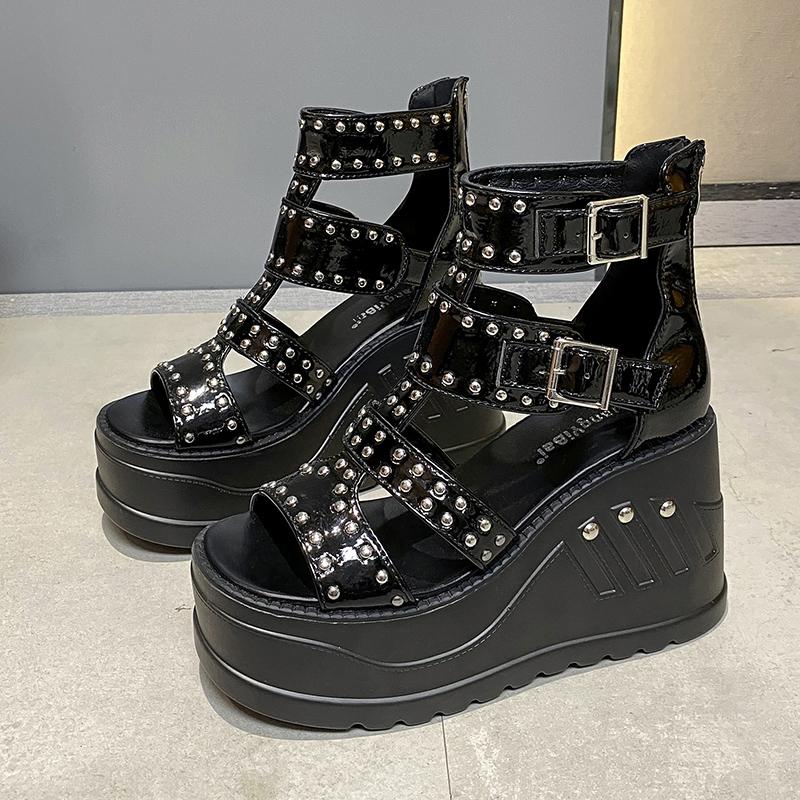 Fashion 2025 Gladiator Wedge Sandals Women's Summer New Fish Mouth Hollow Waterproof Rivet Platform 10cm Heightened Roman Sandals Boots