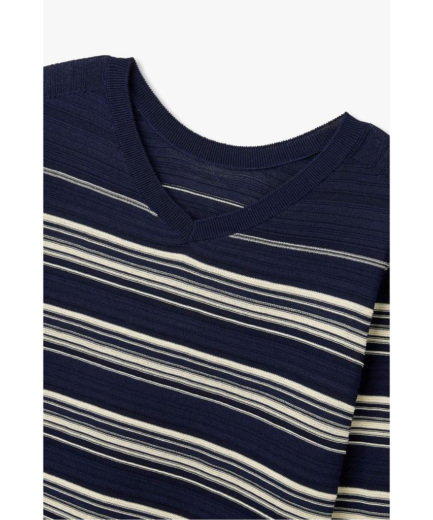 Bobeu V-Neck Striped Knit Pullover_Navy_7156350002