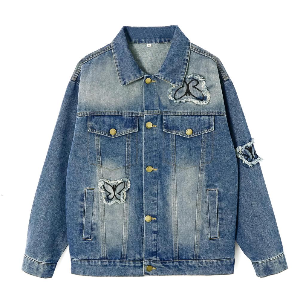 Rolanko Denim Outerwear for and Butterfly Size 140 Girls' Jacket, Spring, Autumn, Winter, Blue, Print,