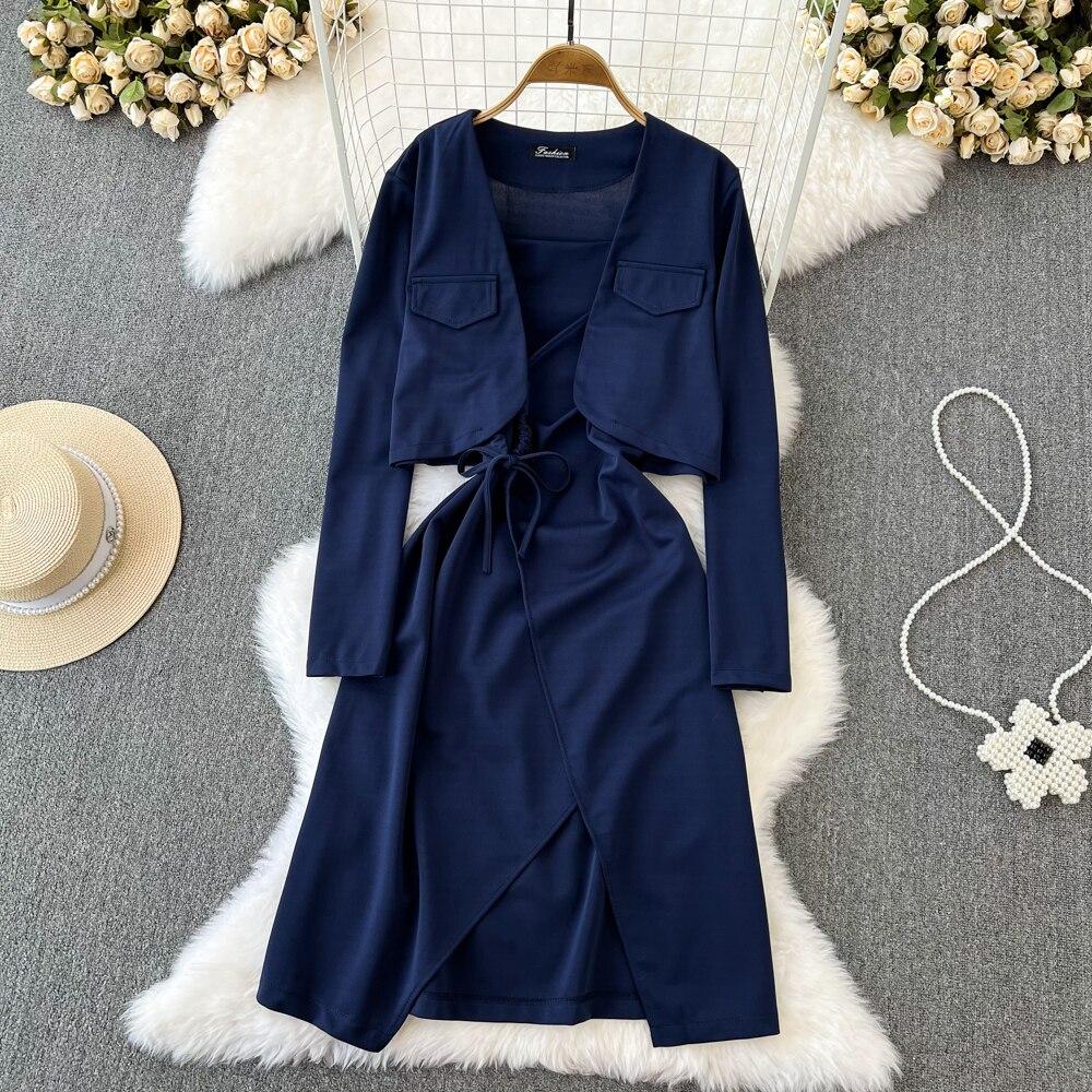 Fashion Suit Female Casual High Waist Short Solid Color Suit Jacket Two-Piece Set Halter Slit Pull Rope Dress Autumn