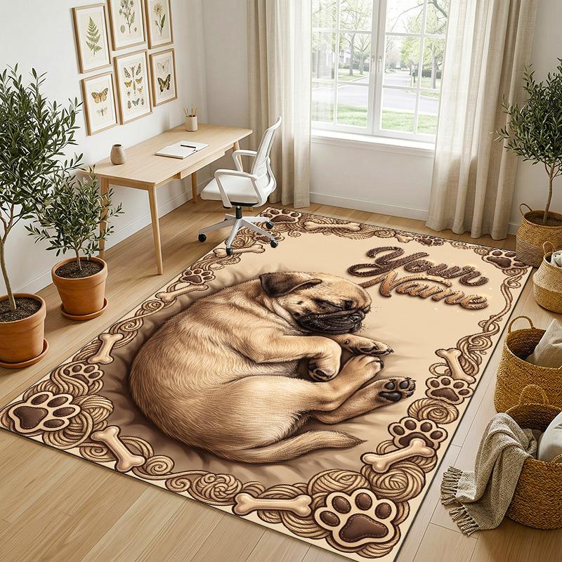Dog Theme Crystal Velvet Rug Personalized Custom Name Text Soft Floor Mat Home Decor
