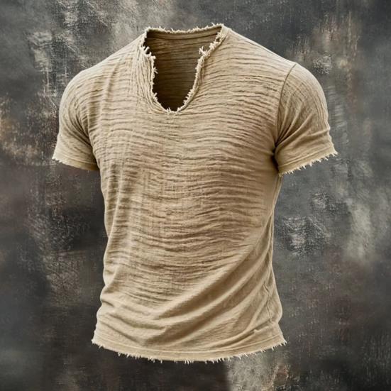 Camiseta de Hombre con Flecos Camiseta Retro de Manga Corta con Cuello en V Elegante Desgastada Camiseta de Verano para Fiesta Playa Vacaciones Gimnasio