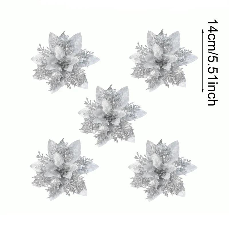 Christmas Glitter Artificial Flowers Christmas Tree Hanging Ornaments Fake Flower for Home 2025 Xmas New Year 2026 Navidad Gift