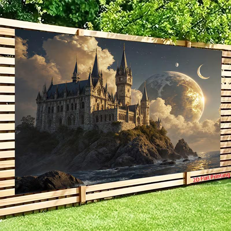 2D Fantasy Themed Backdrop, Gothic Castle on a Cliff with Giant Planet Background
