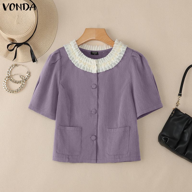 VONDA Women Casual Ruffled Hem Beading Round Neck Short Sleeve Cropped Blouse