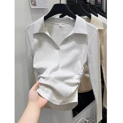 Women Lapel T-Shirt Long Sleeve Spring Autumn Solid Color Casual Basic Top Fashion Elegant Tee Shirt Basic Pleated Slim Fit Clothing