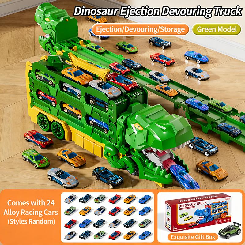Edukacyjna ciężarówka do przechowywania dinozaurów: 24 Auta ze Stopu z Torami Wyrzutowymi – Uczą Organizacji i Rozwijają Motorykę Małą