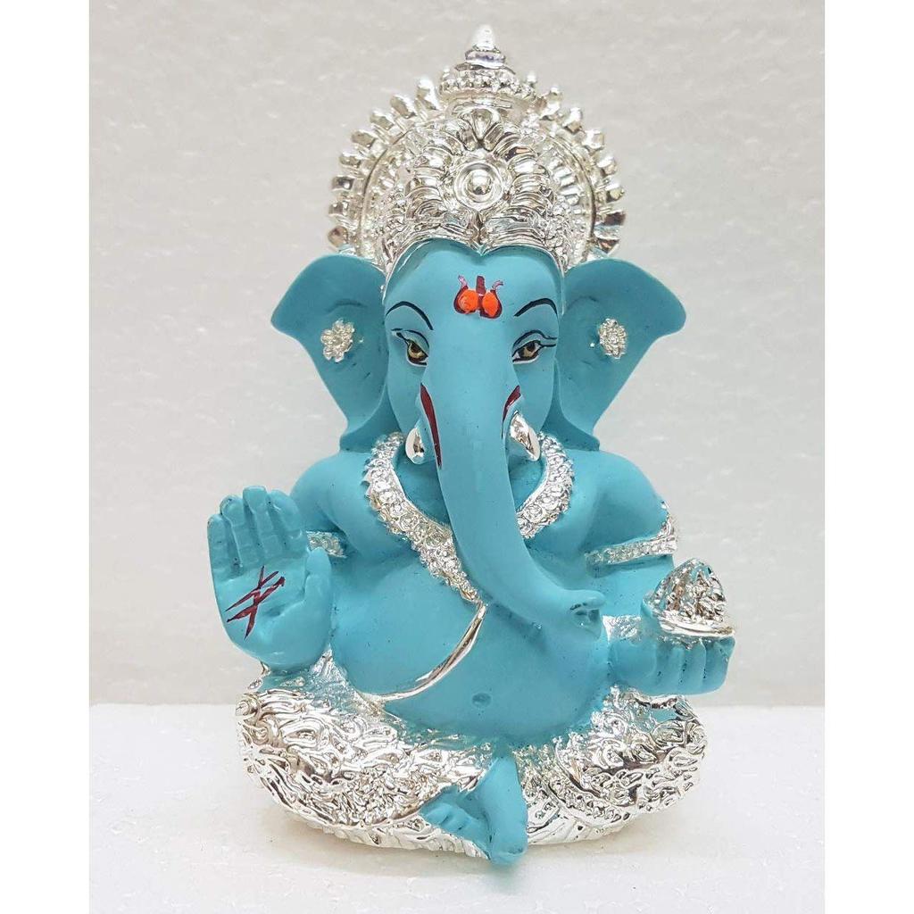 Silver Plated Ganesh Idol for Car Dashboard God Ganesha Idol for Home Decor Ganpati for Gift 3.5 inches (Silver) (Silver Fountain Blue)
