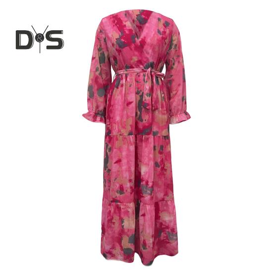 Women Evening Dress Patchwork V Neck Lace-up Waist Bohemian Style Lantern Sleeves Pleated Chiffon Colorful Print A-line Big Hem Maxi Dress