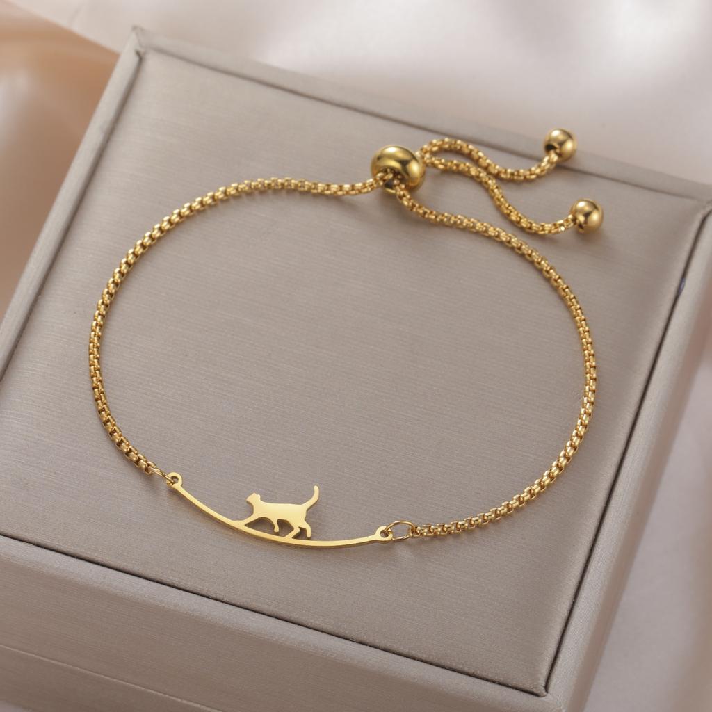 Cazador Stainless Steel Walking Cat Box Chain Bracelet for Women Animal Kitten Wax Rope Bracelet Jewelry Mother's Day Gift