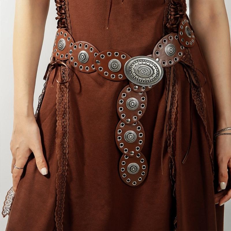 Oval Eyelets Belt for Women Bohemian Style Waist Belt Hollowed Out Wide Belt for Teens Girls Female Western Cowboy Belt