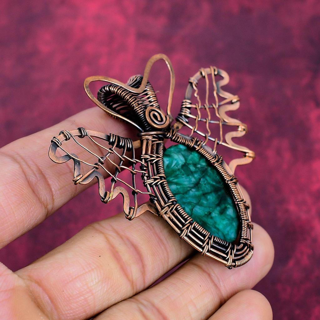 Faceted Zambian Emerald Gemstone Pendant Copper Wire Wrapped Butterfly Pendant
