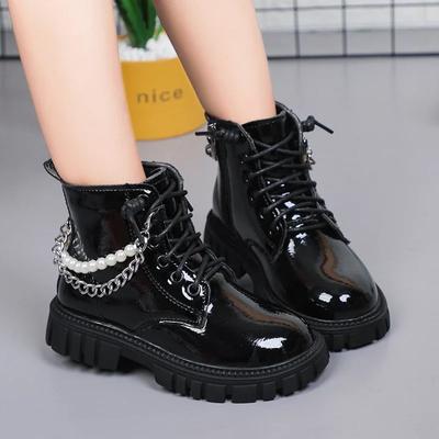 Kinderstiefel für die Schule, vielseitige Mädchenstiefeletten, klassische Metallkette, Kindermode, Prinzessin, lässig, Lederstiefel, glänzend, schlicht