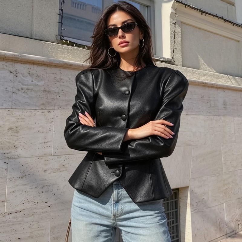 Winter Slim Fit Leather Jacket Women Round Neck Single Breasted Ruffle Hem Short Coat Sexy Style