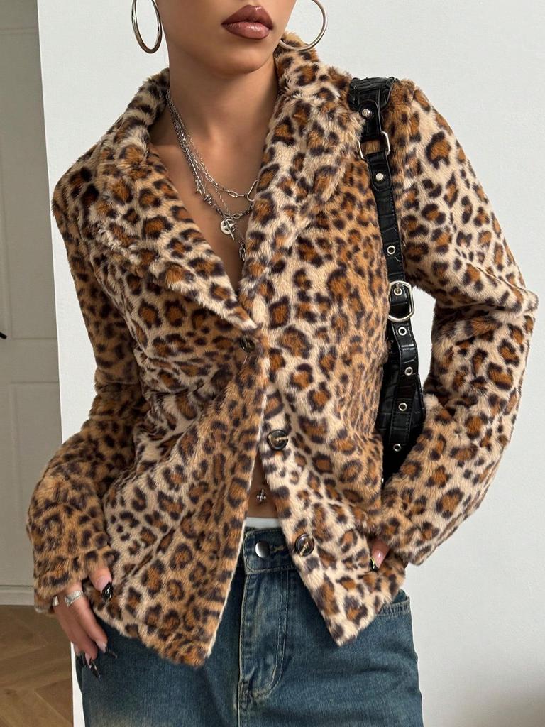 Women's European & American INS New Leopard Print Button-Down Lapel Coat