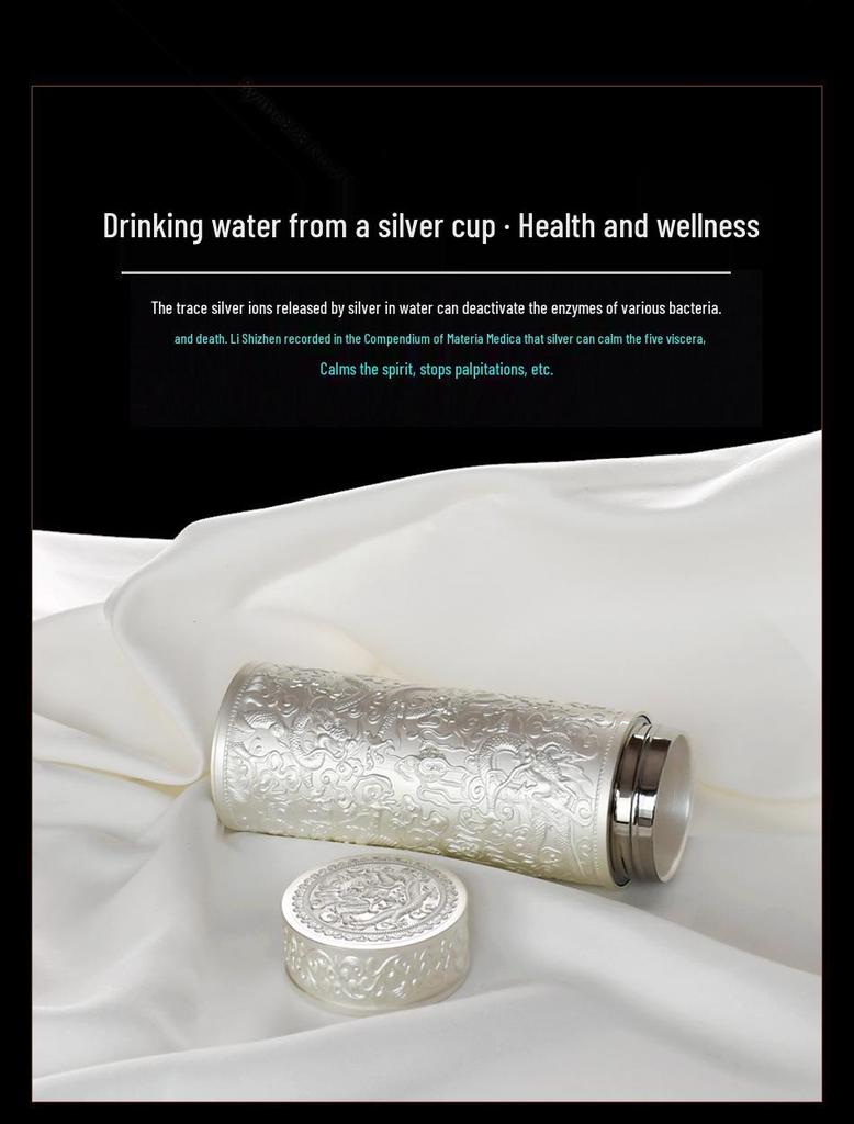 Reinsilber 9999 Thermalwasserbecher - Neun Drachen, Hundert Segnungen, Drachen & Phönix Design