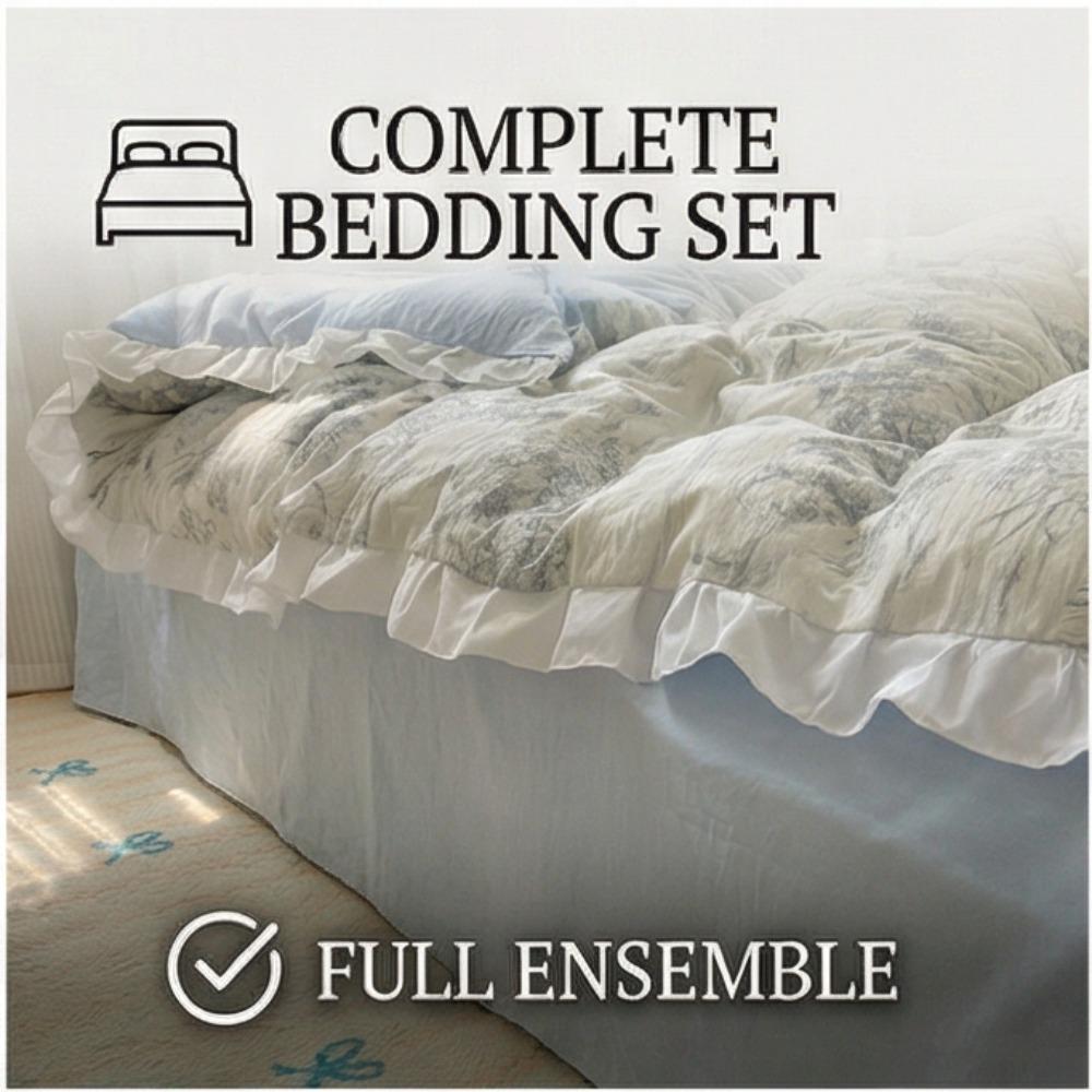 Four-piece Cotton Bed Sheet and Pillowcase Set with Lace Trim