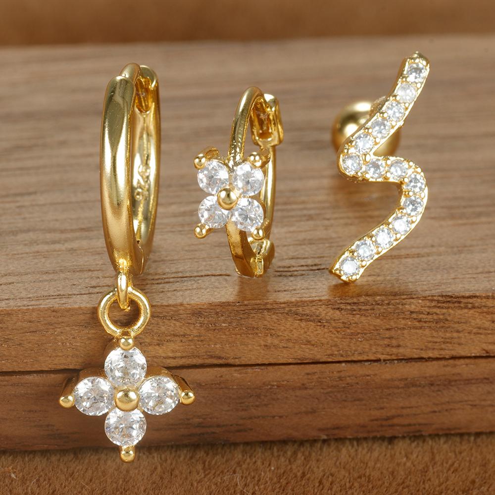 3 шт. Простые маленькие серьги-кольца с четырьмя цветами и цирконами, набор сережек-пирсингов для хряща в виде звезды из нержавеющей стали для женщин, модные украшения