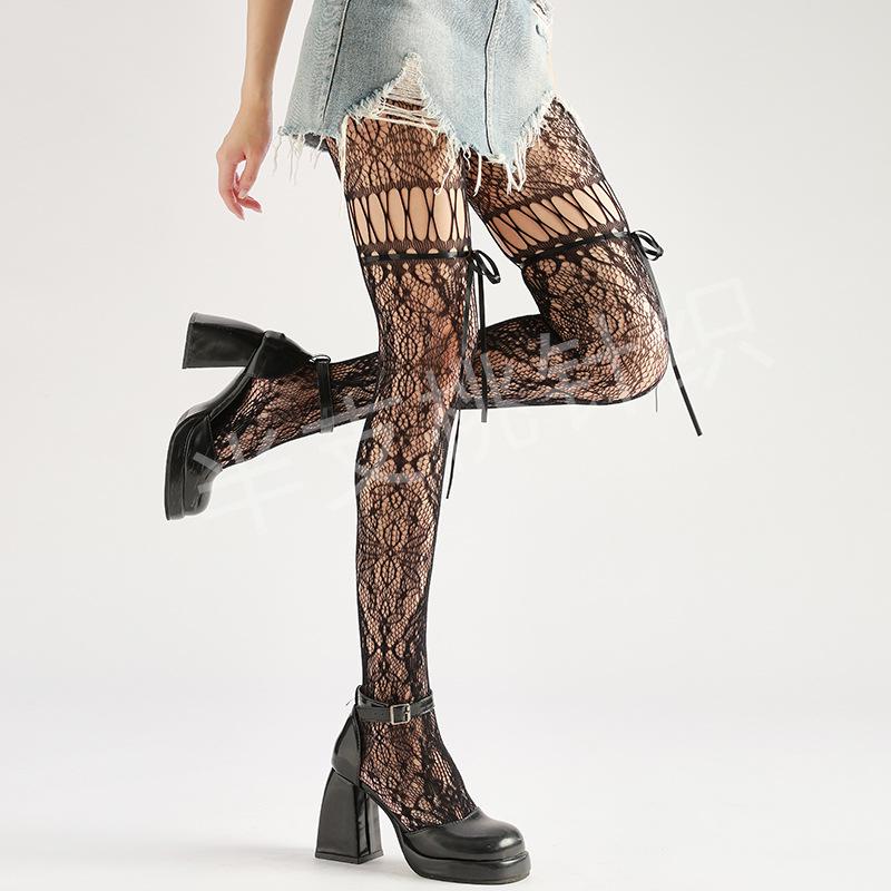 

Полуночный черный Y2K шнуровка бант сетка-рабица и жаккардовые сетчатые колготки Standard Packaging чёрный
