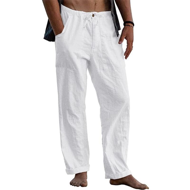 Men s Drawstring Waist Linen Blend Pants Casual Trousers S белый