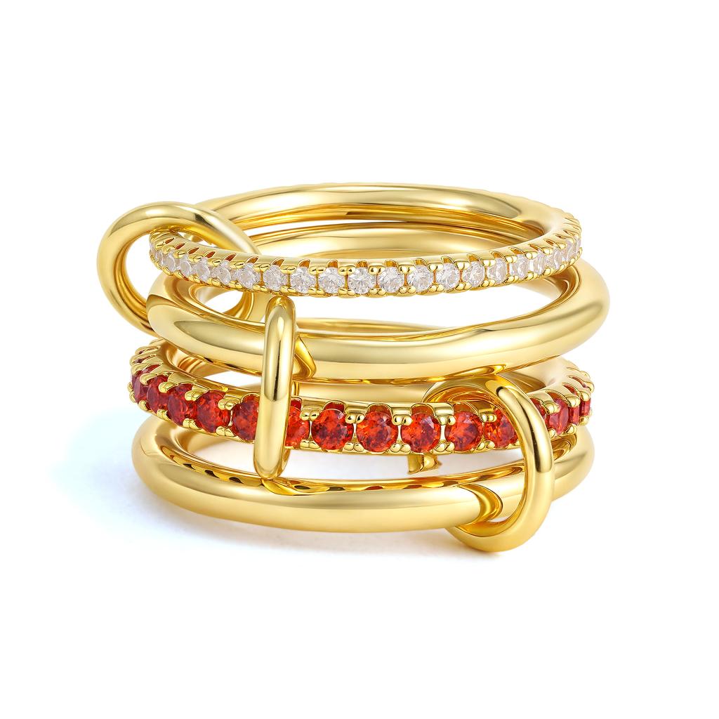 Luxury Cubic Zirconia Gold Plating Multilayer Connecting Rings for Women Fashion Mixed Color Stackable Finger Ring Party Jewelry