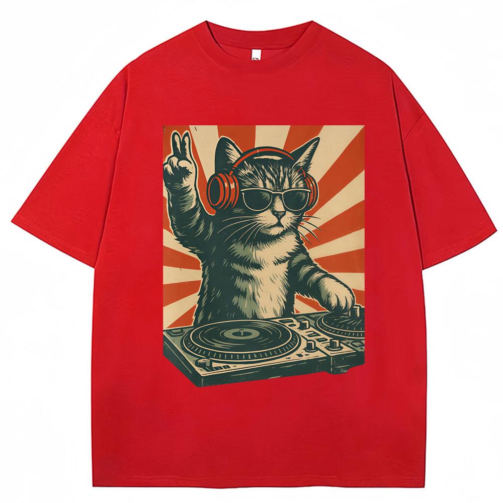 Funny Cool Dj Cat Meme Graphic Vintage T Shirt Men Women Humor T Shirts Oversized Cotton Casual T-shirt Streetwear Gifts
