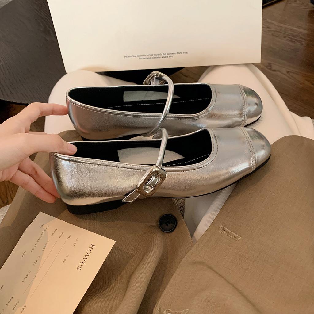 Spot~ Grape mother of the same style, round head, light mouth, silver small leather shoes, flat bottom inner height increase, soft sole Mary Jane sing