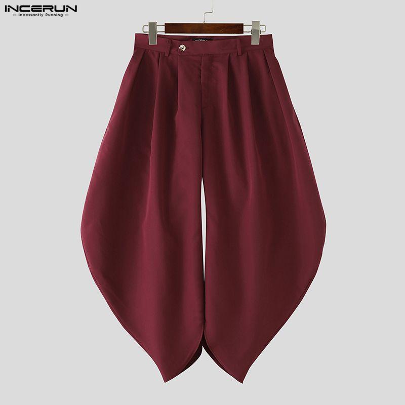 INCERUN Summer Men Zipper Waist Casual Ruffled Long Pants Trousers
