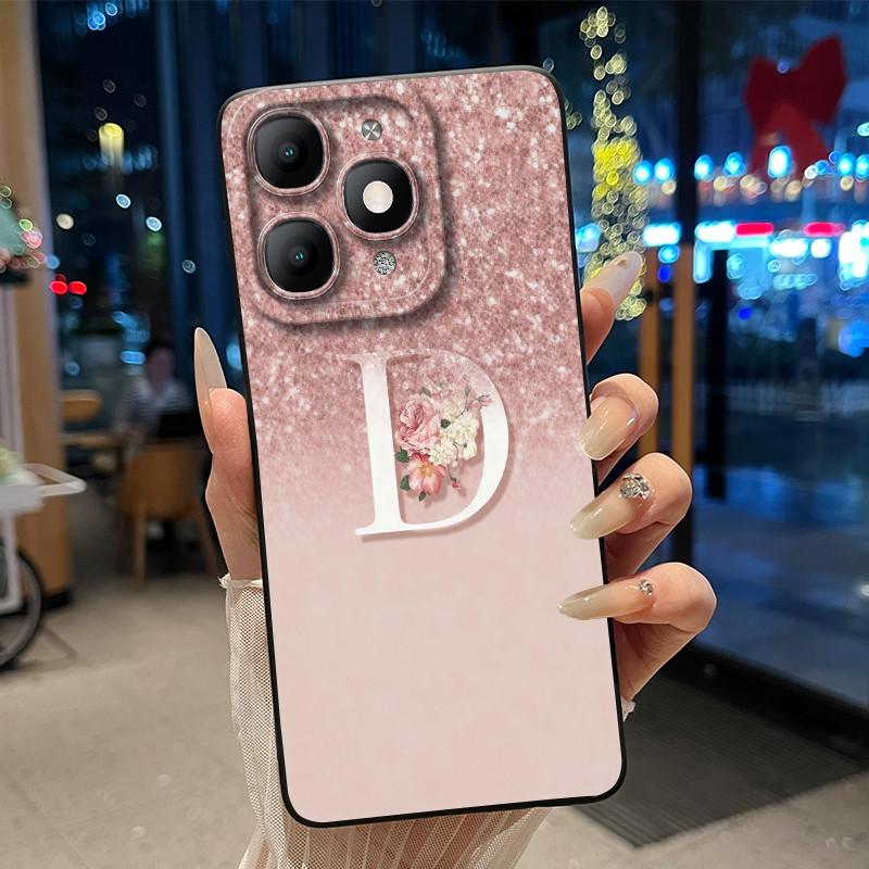 Fashion Design Initial Letter With Flower Pattern Phone Case For Itel A90 Soft Silicone Anti-scratch Black Couple Casing