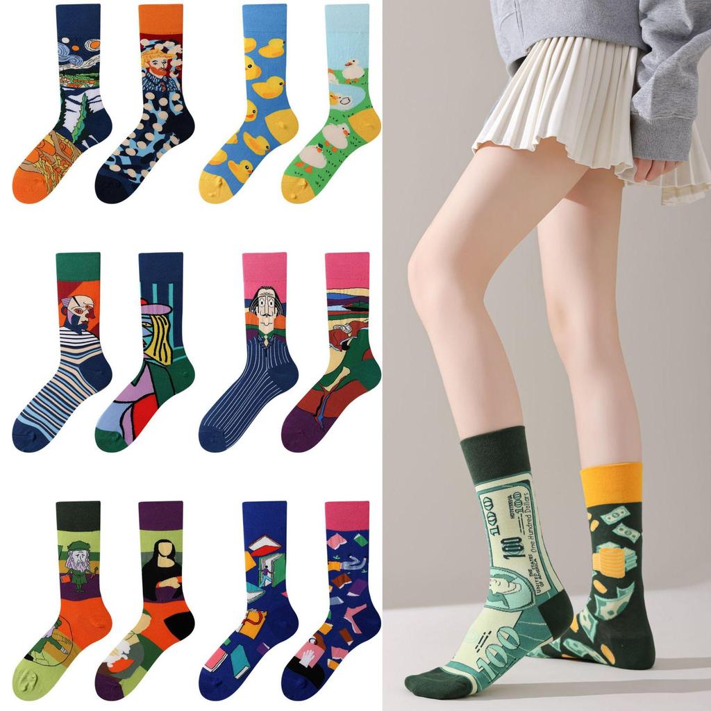 Unisex A/B Style Asymmetrical Cartoon Mid-Calf Cotton Socks