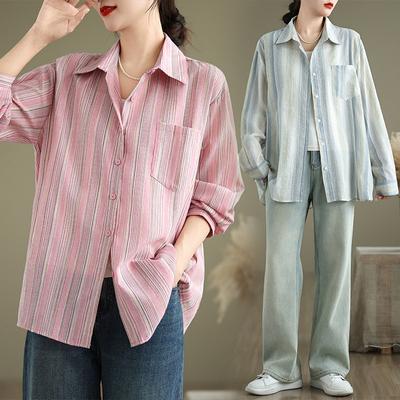 Autumn Loose Cotton and Linen Striped Long Sleeved Women's Shirt Top