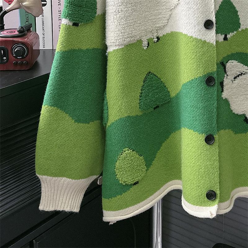 Green Art Cartoon Sweater Coat: Women's Niche Design Knitted Cardigan for Spring & Autumn 2025.