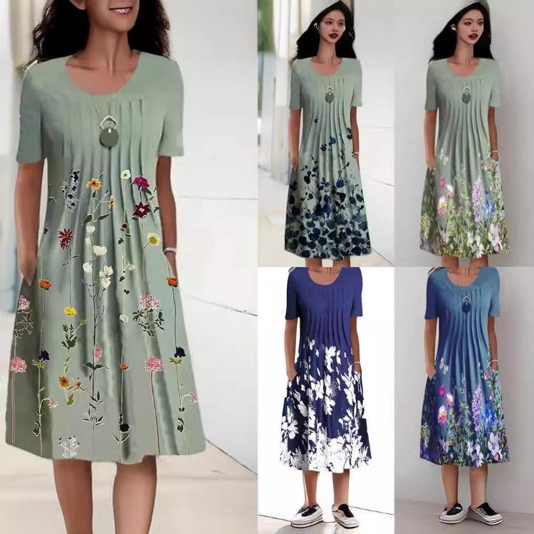 Floral Print Women Pullover Dress Round Neck Mid-Length Spring Summer