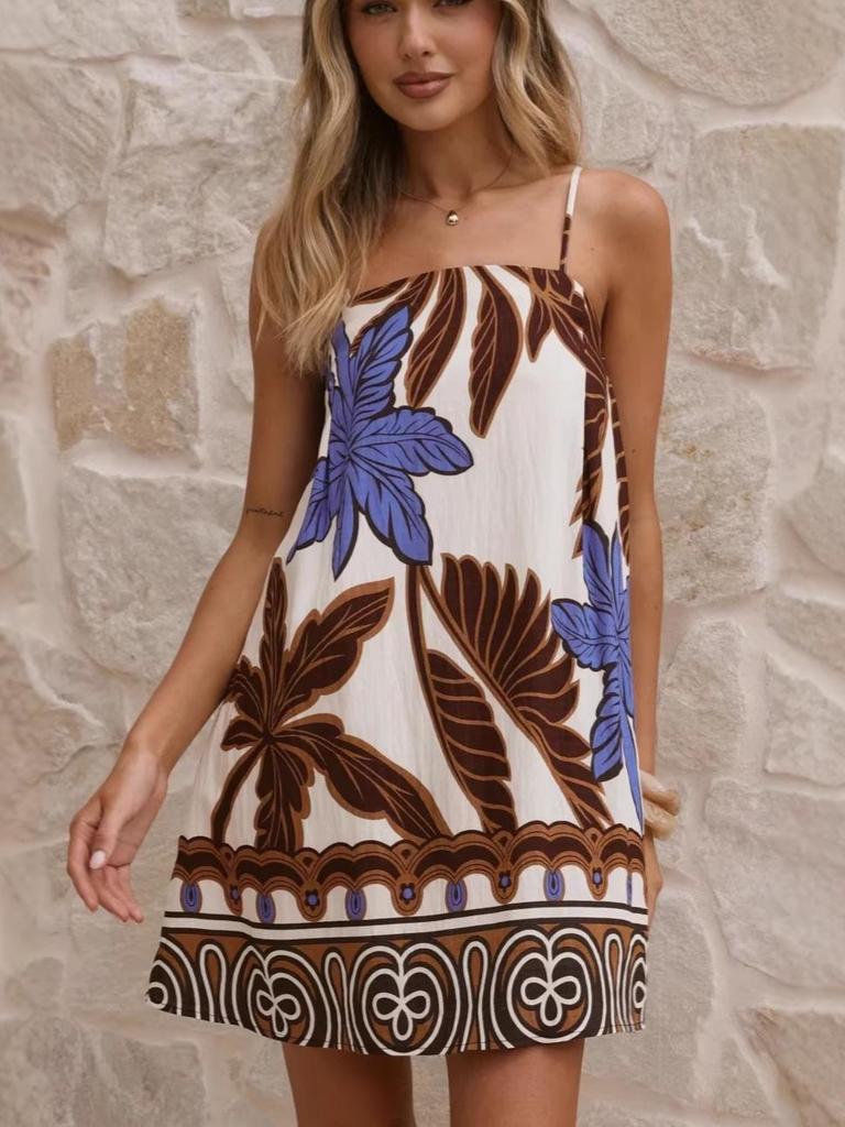 European and American Casual Holiday Sexy Women's Linen Print Spaghetti Strap Dress