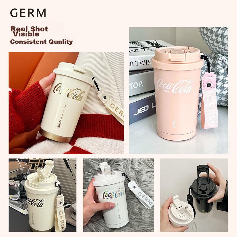 Germ Coca-Cola Shining Cup GE-CK22AW Straw Water Bottle Thermos Cup, Cream White, 500ML