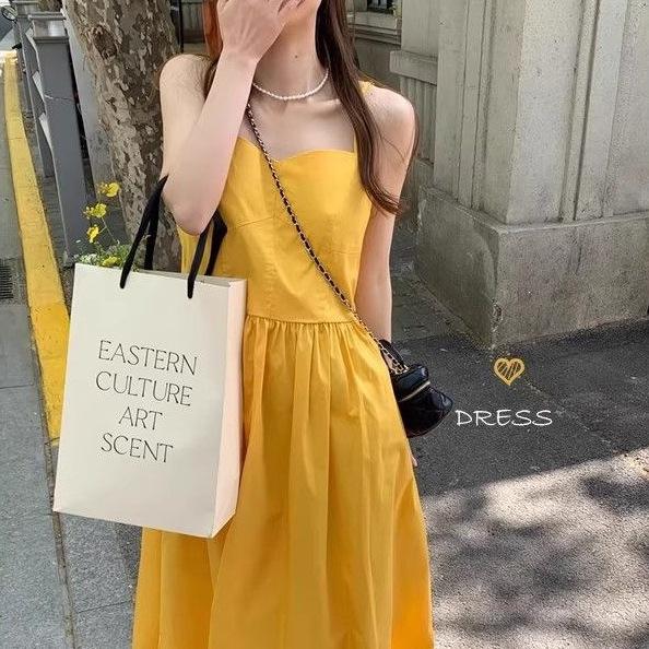 Large Size Yellow Pleated Simple Suspender Dress Light Luxury High-end Female Summer Long Dress Loose Vacation Style Fairy Dress