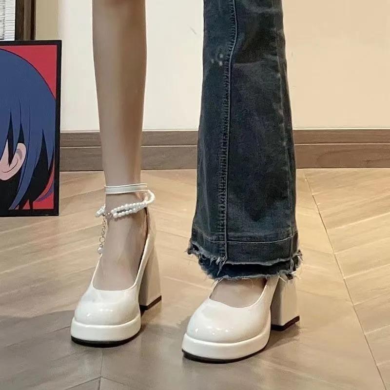 Dámské boty ve výprodeji Vysoce kvalitní přezka Dámské lodičky Podzim Mary Jane Hranatá špička Pevné šaty Party Block Podpatek Mělké Boty