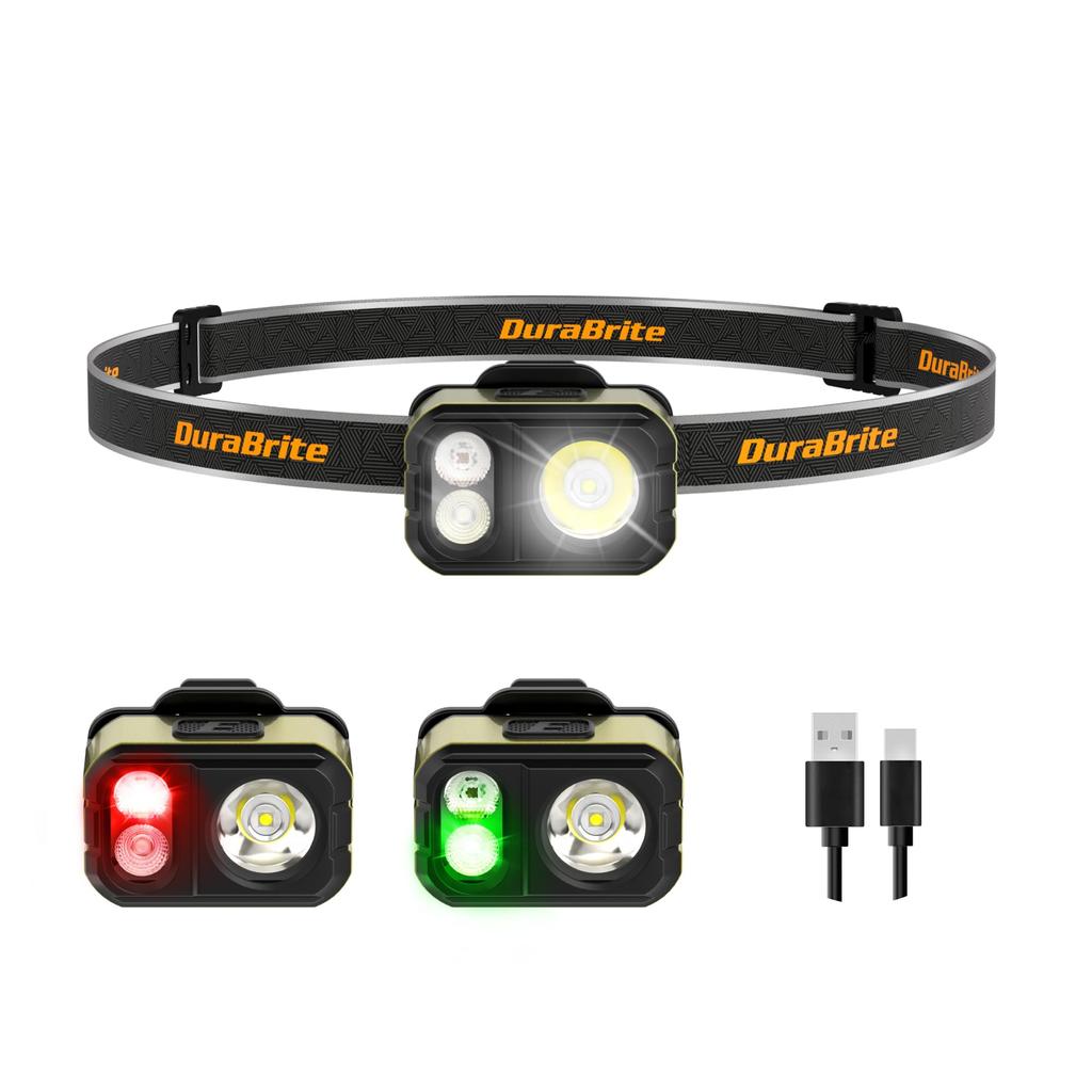 DuraBrite USB Rechargeable Max 400 Memory 7 Lighting and Green IP67 Waterproof and SOS Adjustable for Night and Power Outages Headlamp,