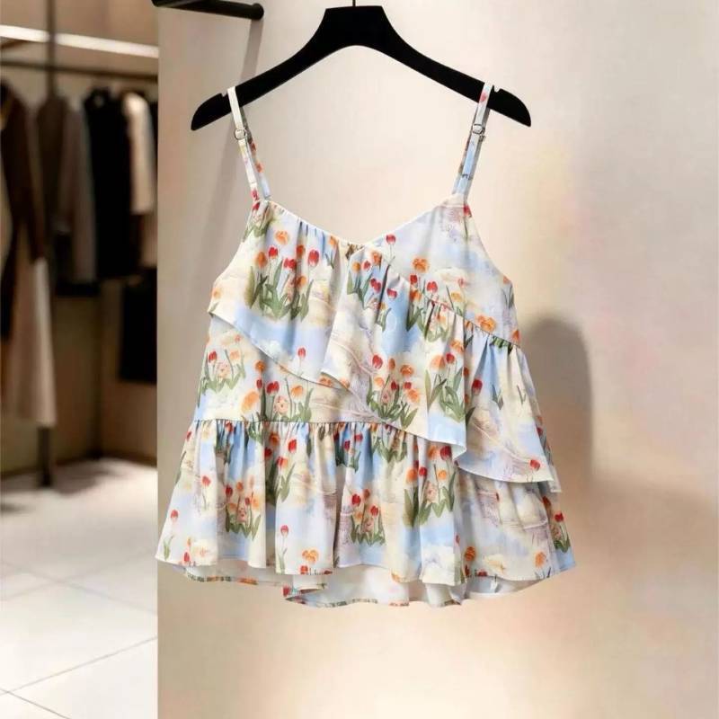 Summer Floral Ruffle Sleeveless Tank Top For Women With Polyester Fabric