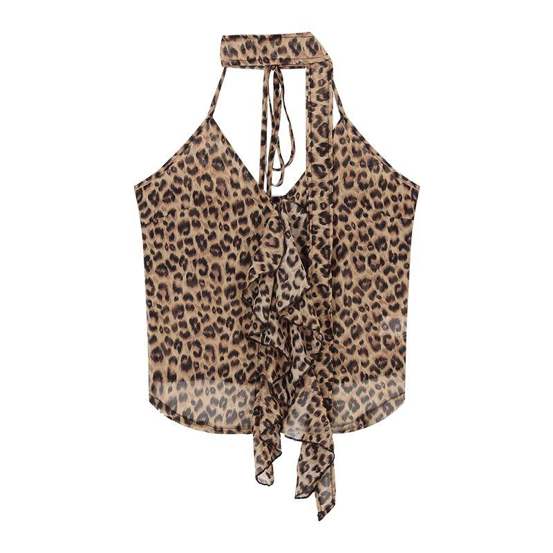 

Kumikumi Fashion Leopard Print Ruffled Spaghetti Straps Vest Leopard print with scarf S