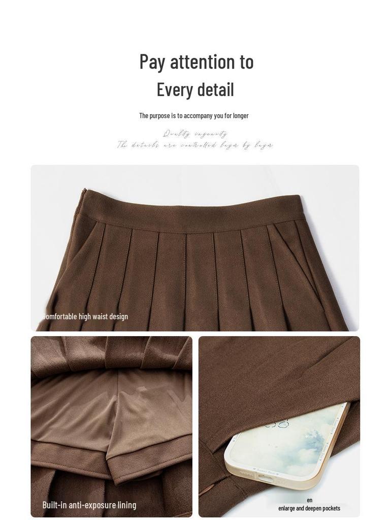 Khaki Vlněná A-line Skládaná Sukně s Vysokým Pasem pro Podzim Zimu - Dámská Krátká Sukně