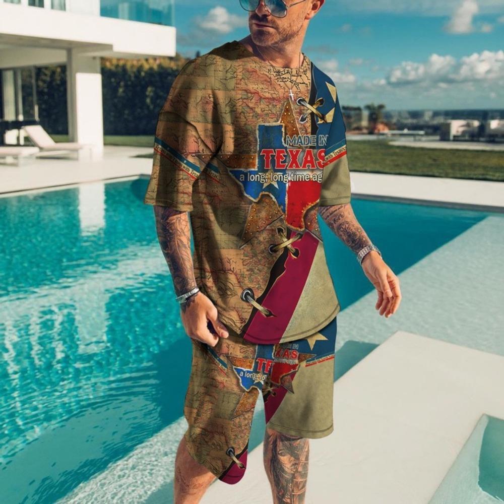 New Vintage Style Men's Beach Shorts Set 3D USA Flag Print Short Sleeve T-shirt+Shorts 2 Pcs Set Summer Oversized Tracksuit Suit