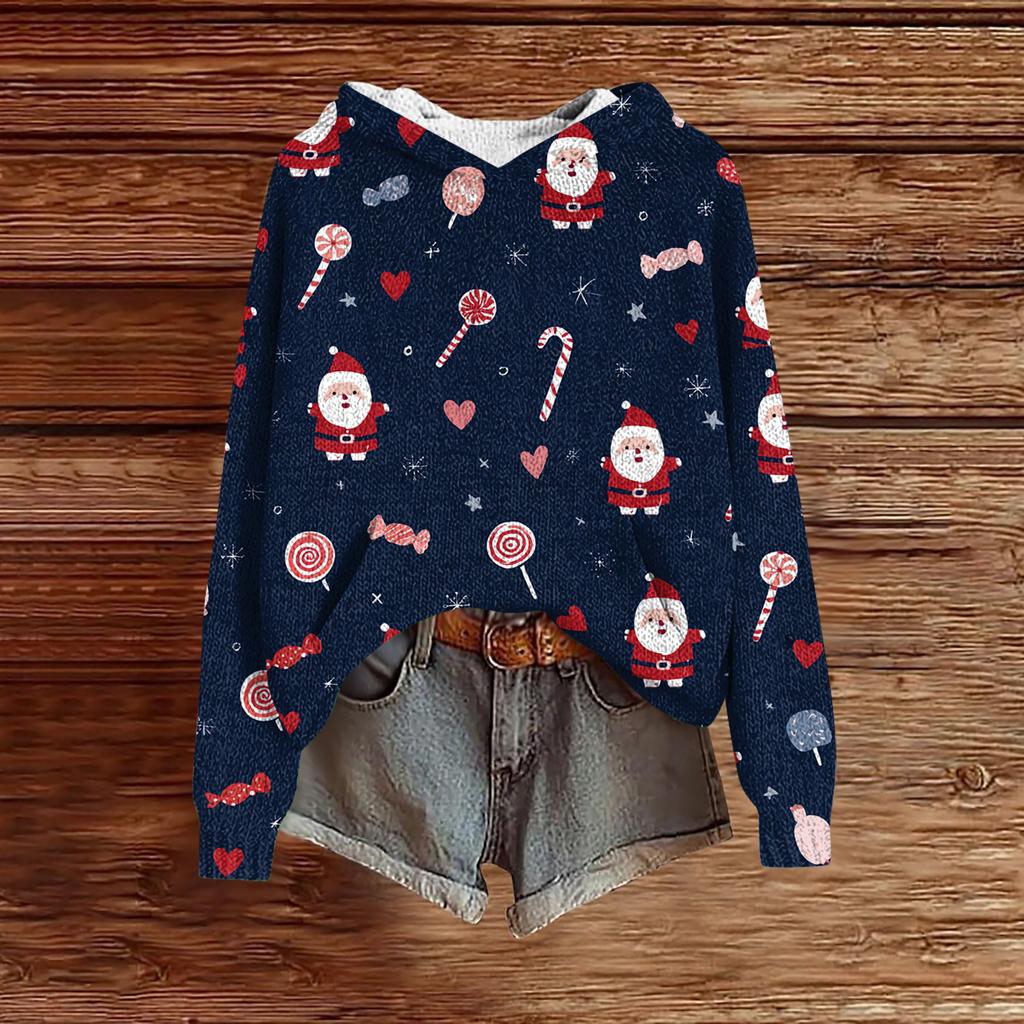 Women's Fashion Casual Long Sleeve Christmas Print Hooded Knitted Sweatshirt